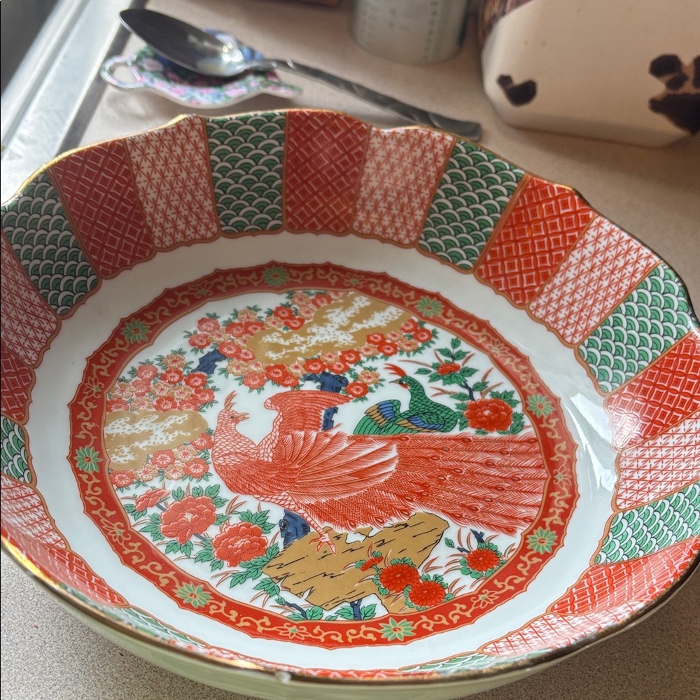 Asian-Style Porcelain Decorative Bowl with Phoenix Motif - Red & Green